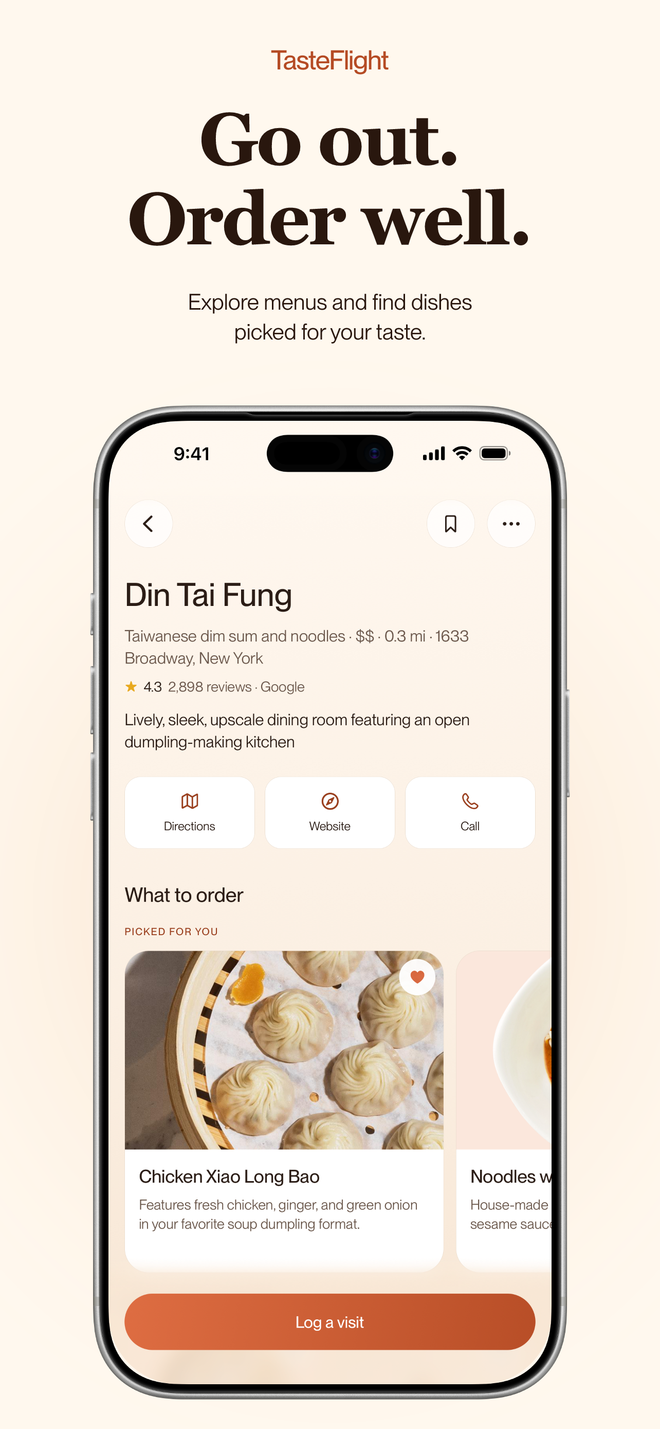 TasteFlight restaurant screen with dish recommendations at Din Tai Fung